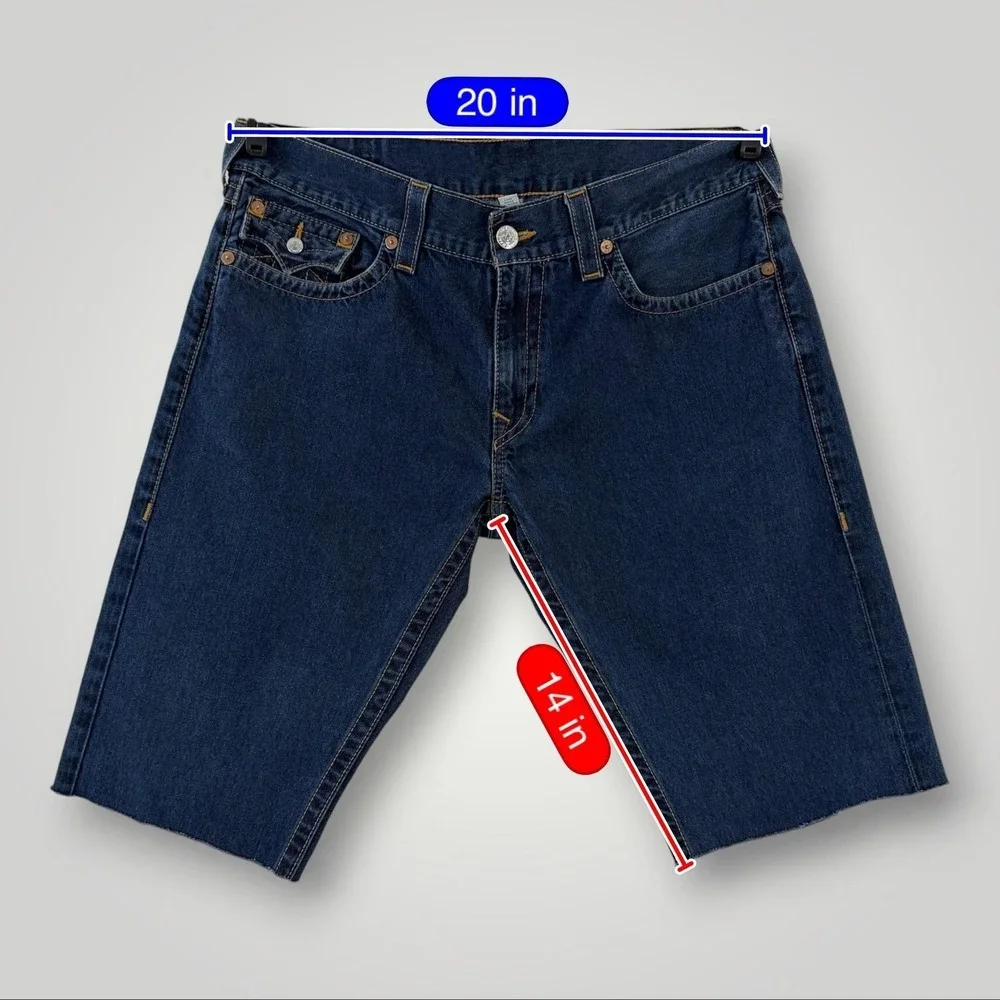 True Religion Denim Shorts Mens 38 Blue Bermuda Distressed Raw Hem Dark Wash
